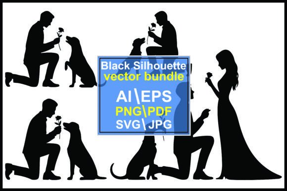 Silhouettes of Men Kneeling Dogs Woman